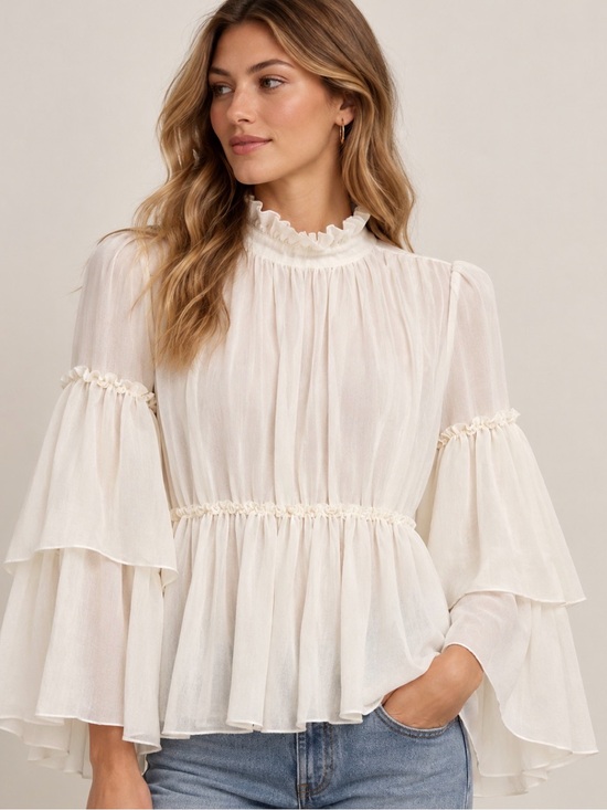 See By Chloe Tops - See by Chloé Ruffle High Neck Bell Sleeve Babydoll Blouse Ivory/milk Size 40